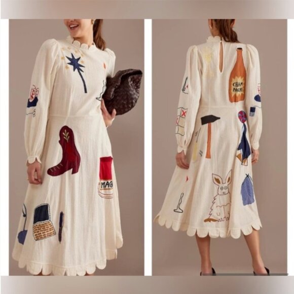 Stella Nova Circus Cotton-Seersucker Midi Print Dress Embroidered Beaded  size S - mordernwear.com